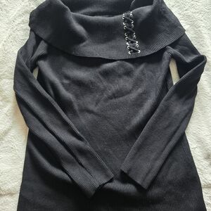 Women's Black Off-Shoulder Ribbed Sweater with Lace-Up Detail - XL